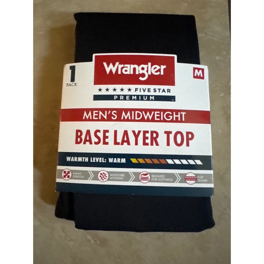 Wrangler Base Layer Top Men Medium M Black Midweight Five Star Premium Shirt NEW